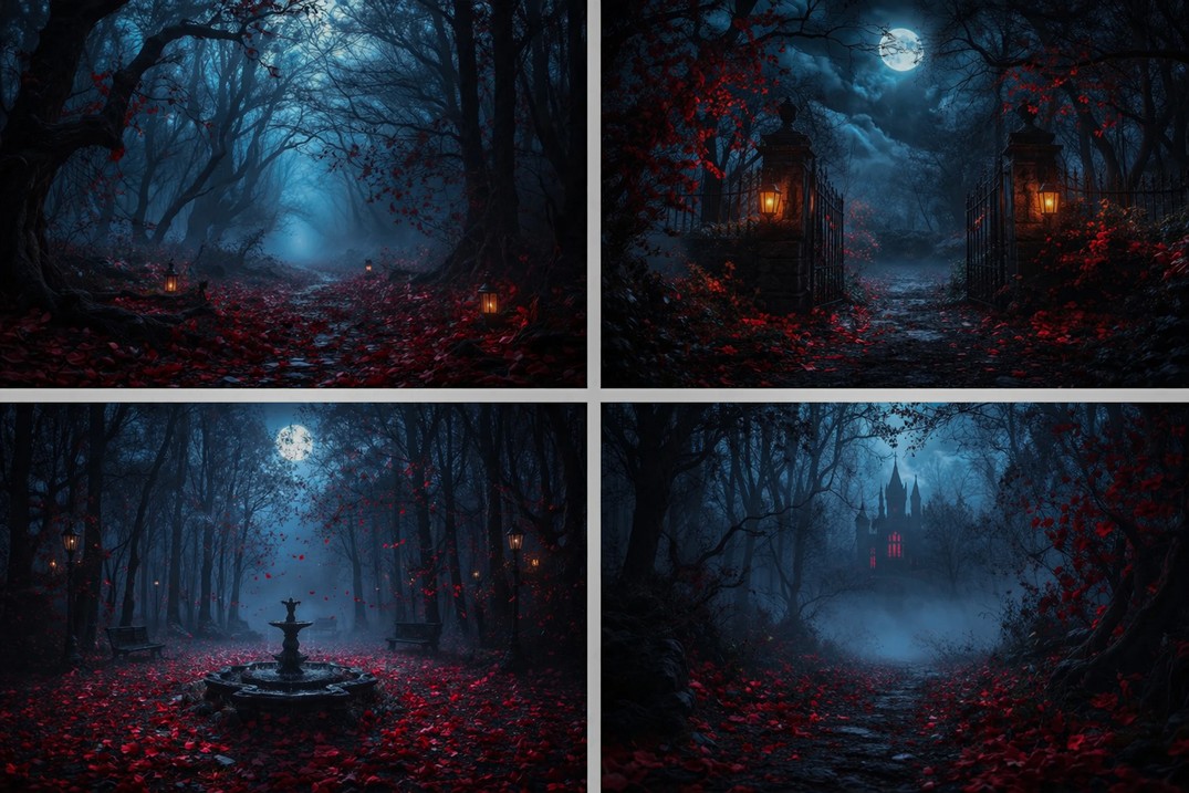 Photography Dark Cloth - Dark Forest Moonlight Red Leaves Gothic
